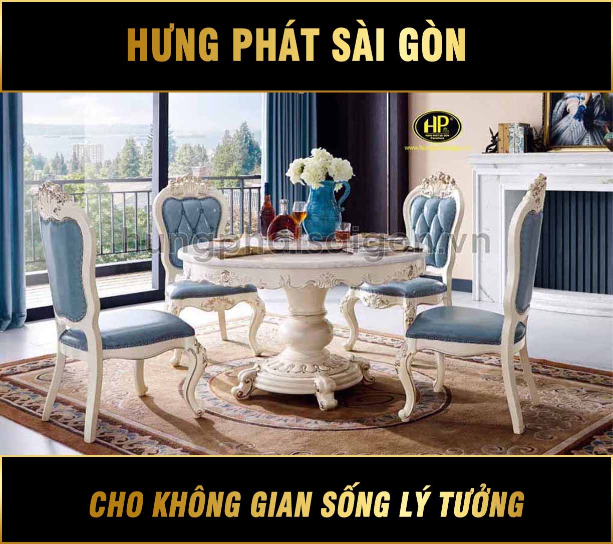 Bộ Bàn Ăn Mặt Đá Tròn Tân Cổ Điển Sang Trọng BA-NK-23