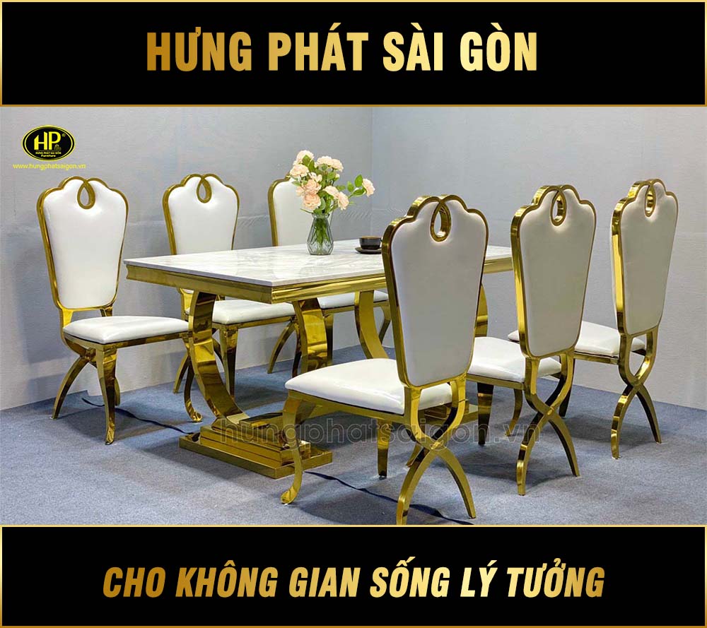 Bộ Bàn Ăn Mặt Đá Chân Mạ Vàng Sang Trọng VP-119