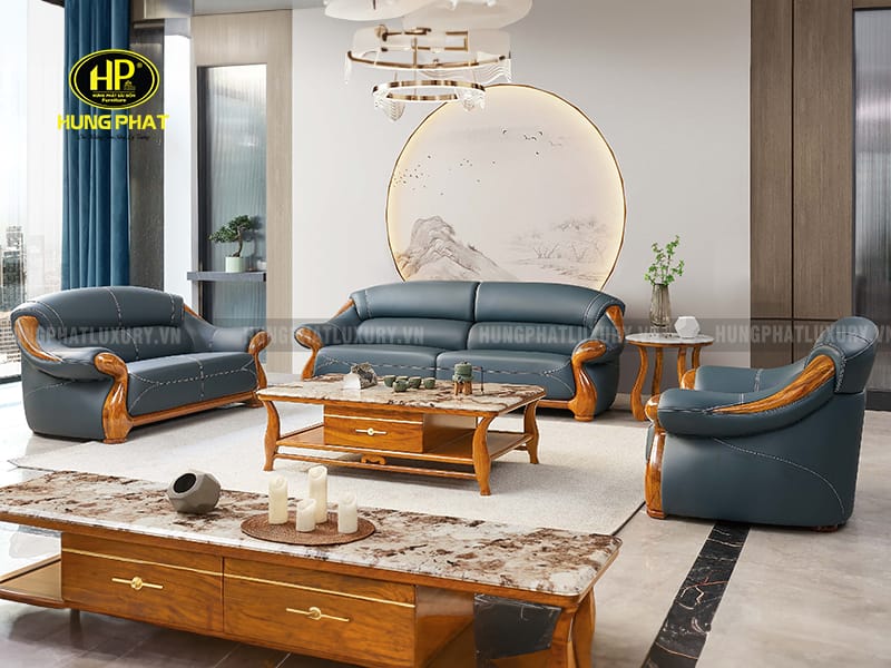 Bộ Sofa Gỗ Mun Nam Phi Da Bò Ý Cao Cấp F021
