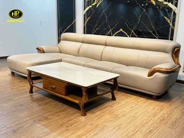 sofa da bò khung viền gỗ mun WJ110