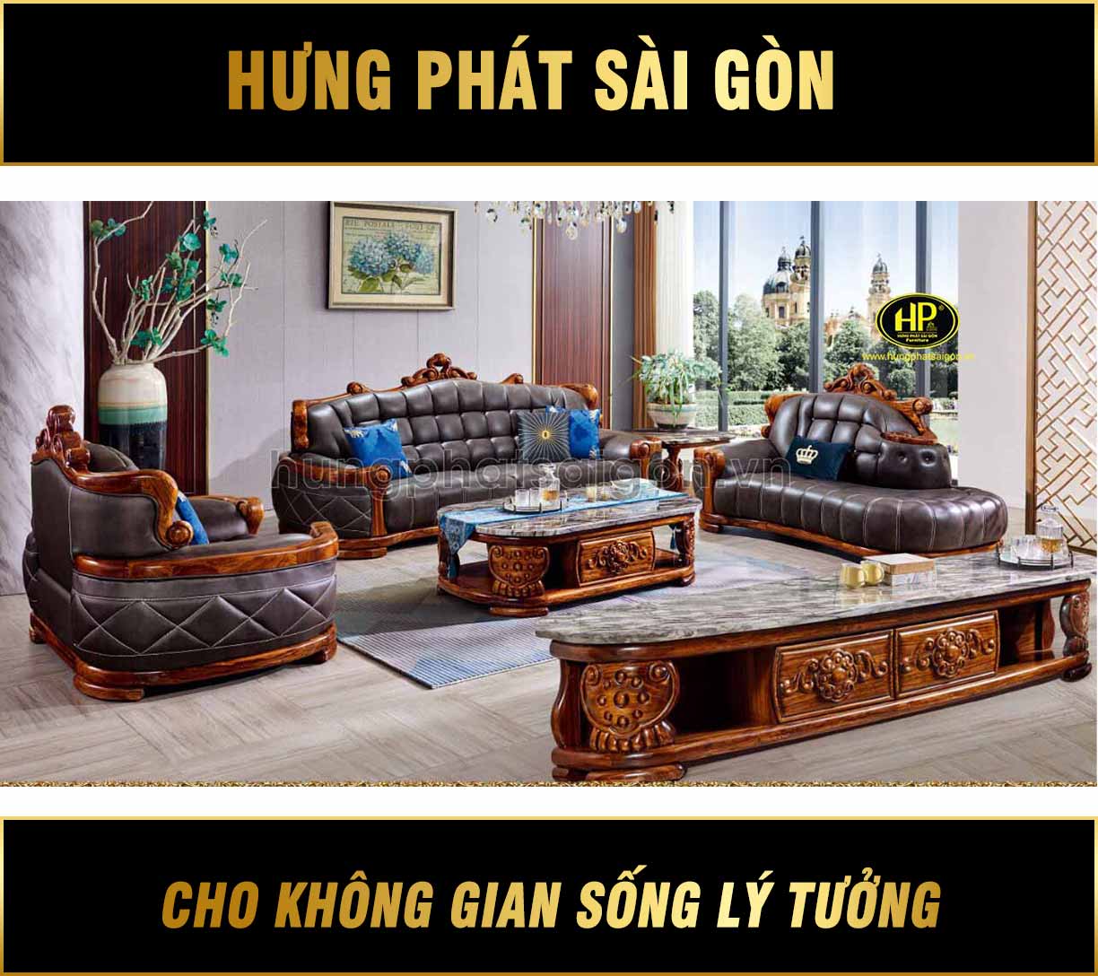 Ghế Sofa Tân Cổ Điển Gỗ Mun Nam Phi Da Bò Tây Ban Nha B09
