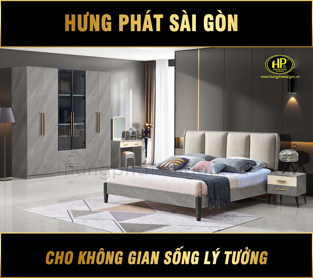 Bộ Giường Tủ Hiện Đại Nhập Khẩu Bọc Da Đầu AT-C11