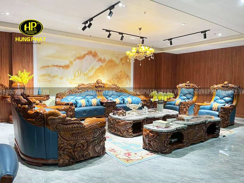 Sofa Da Bò Ý Gỗ Mun Nhập Khẩu WJ210