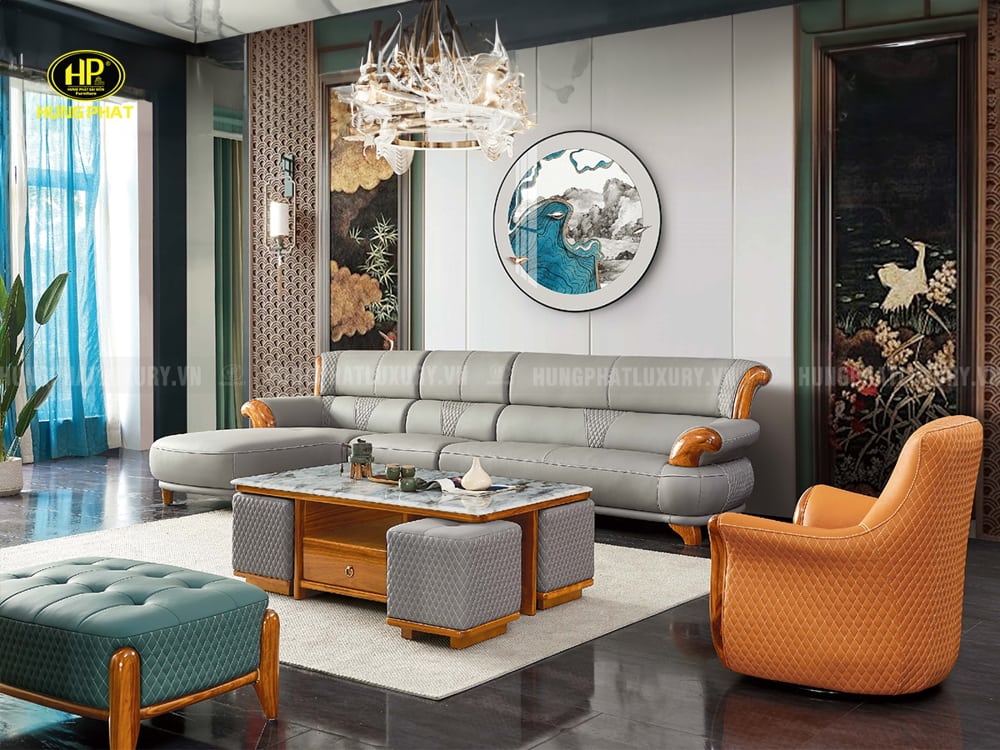 Sofa gỗ mun da bò nhập khẩu F038