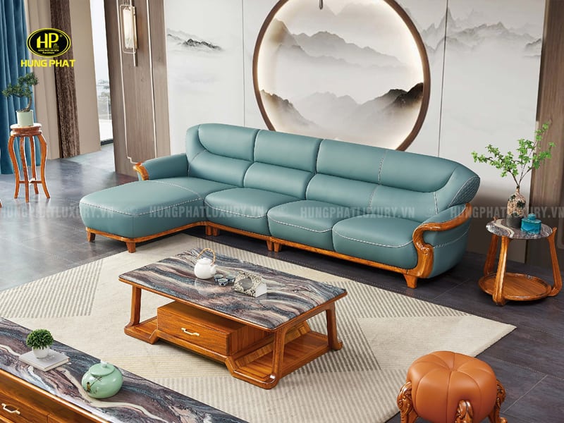 Sofa Da Bò Ý Góc L Gỗ Mun Nam Phi F028