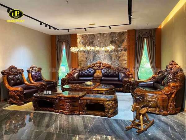 Sofa Tân Cổ Điển Gỗ Mun Da Bò Ý Mặt Đá Cẩm Thạch Cao Cấp KU-898