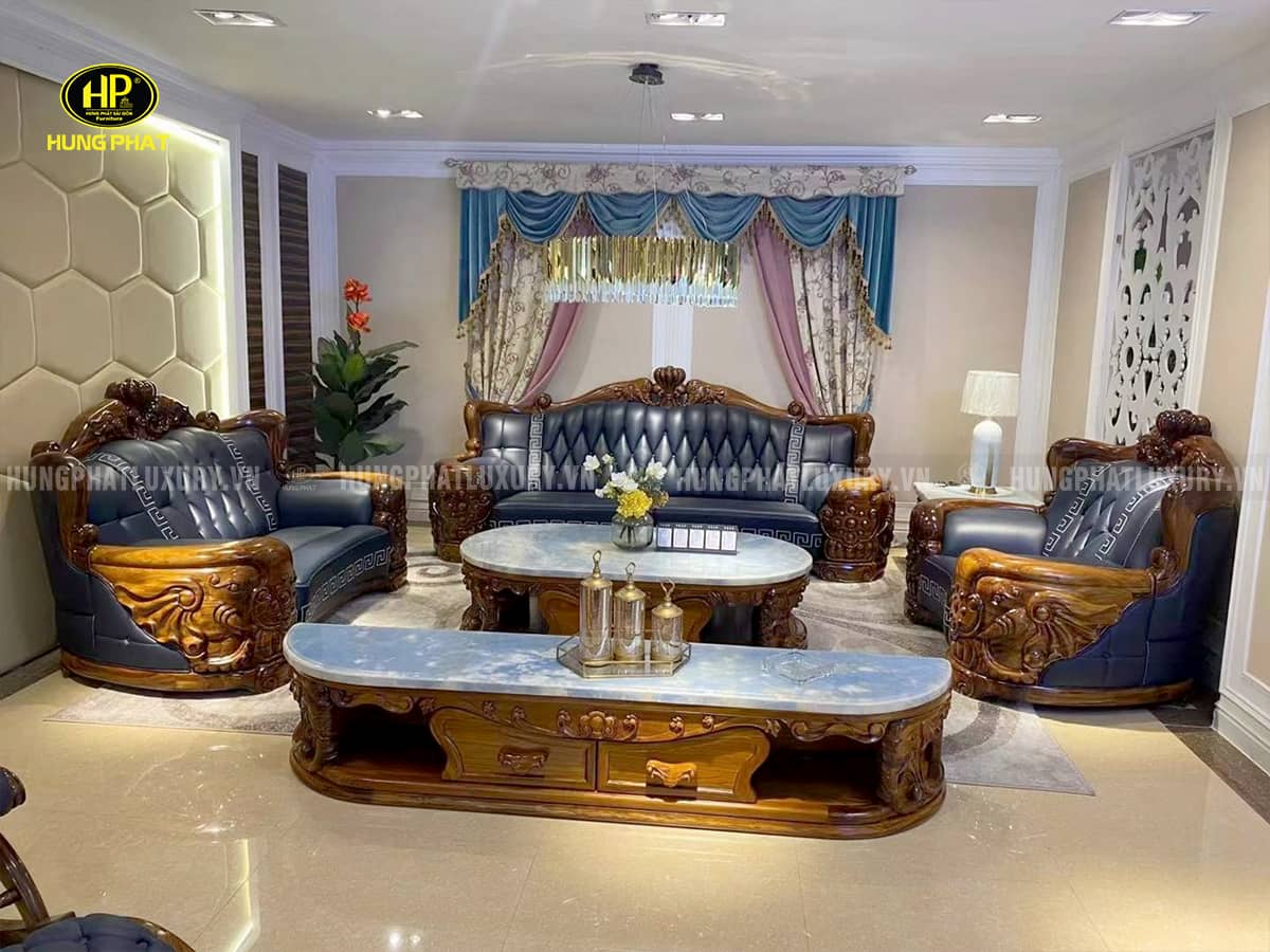 Sofa Tân Cổ Điển Gỗ Mun Da Bò Ý Nhập Khẩu WJ202