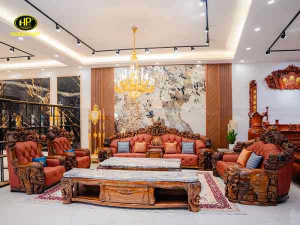 sofa tân cổ điển gỗ mun da bò ý sf-8009 hưng phát luxury