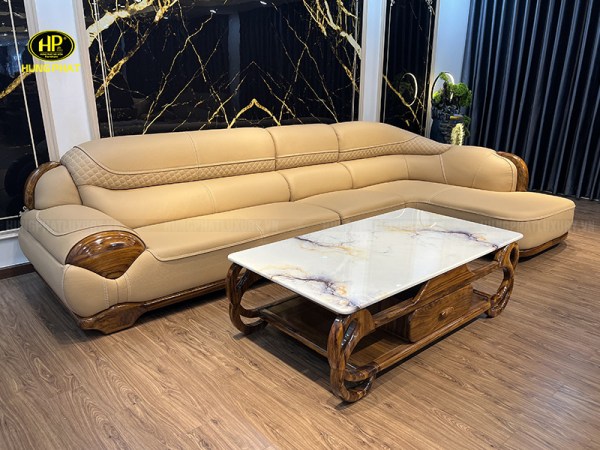 sofa da bò ý khung viền gỗ mun WJ165
