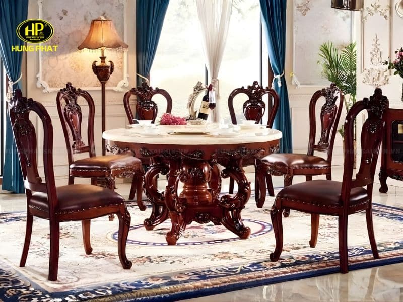 Bộ Bàn Ăn Tân Cổ Điển Mặt Đá Hoàng Gia NK-308