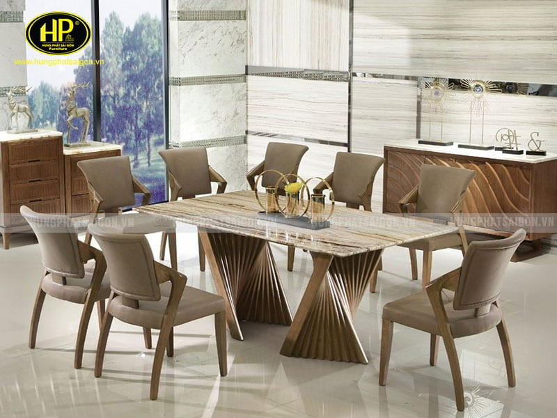Bộ Bàn Ăn Gỗ Sồi 8 Ghế Mặt Đá Cao Cấp QQF032