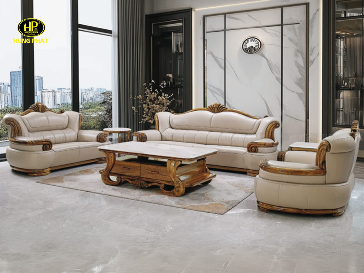 bộ ghế sofa gỗ mun da bò nhập khẩu d190