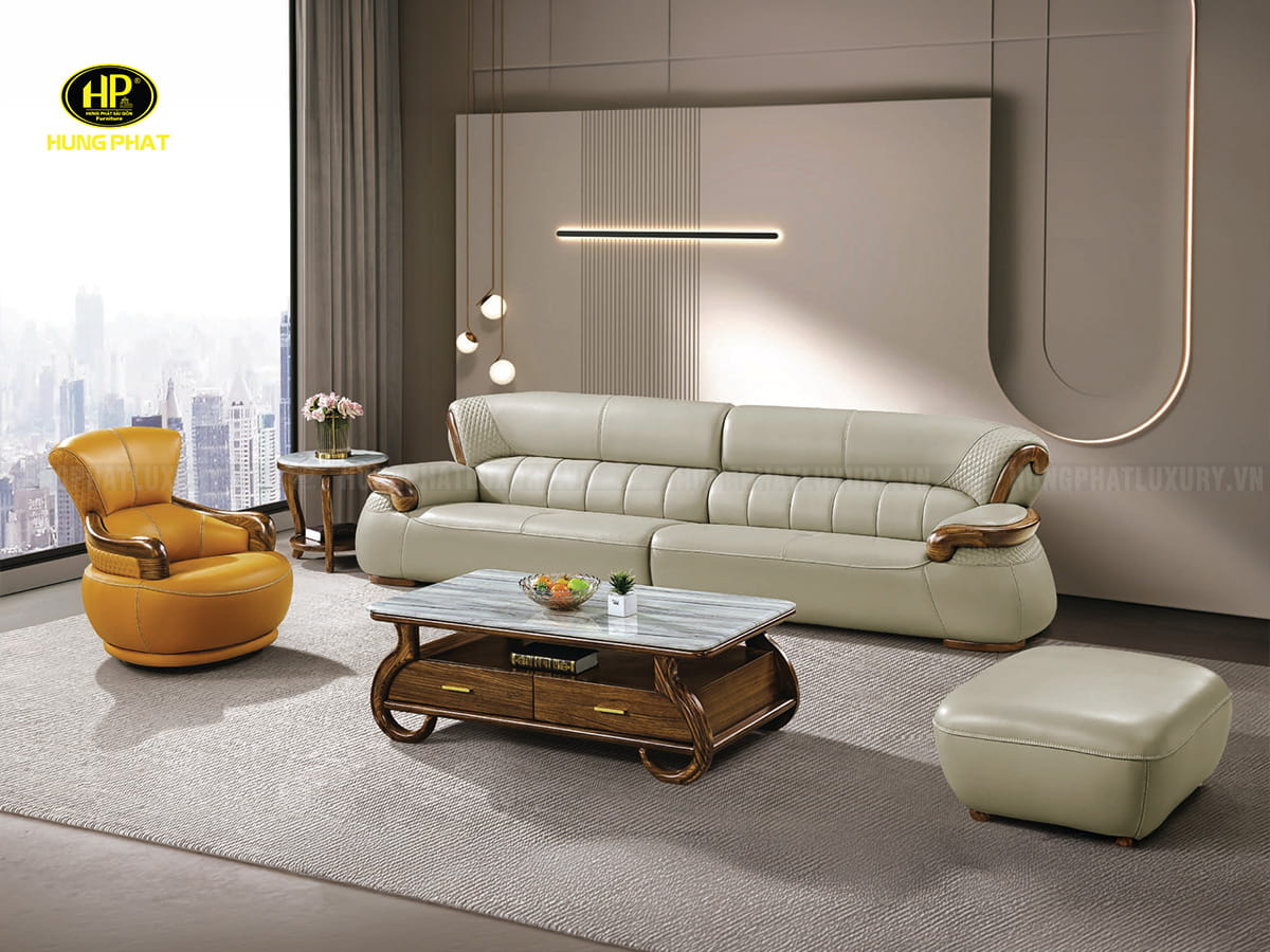 bộ sofa da bò viền gỗ mun sang trọng d208