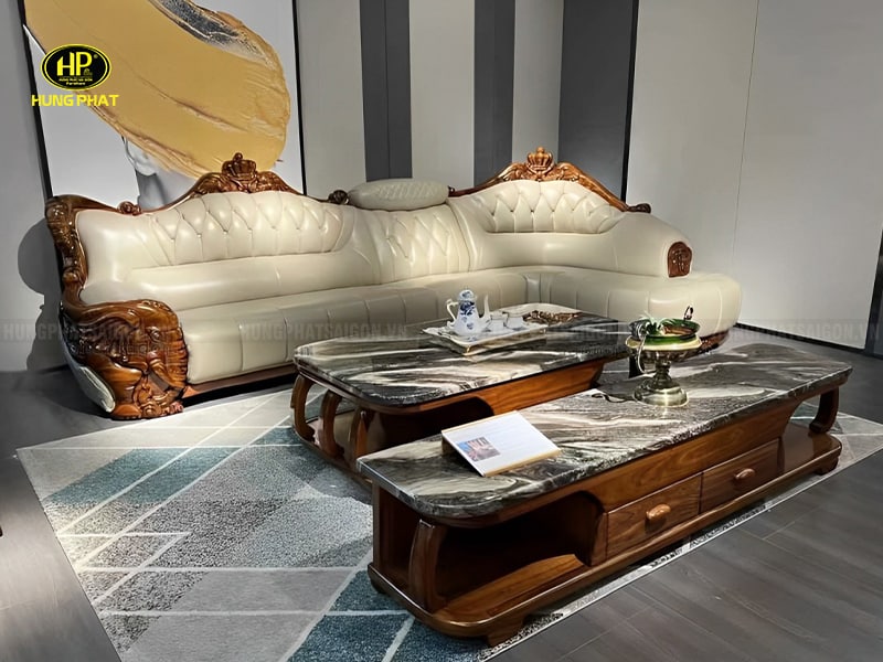 Ghế Sofa Gỗ Mun Da Bò Góc L Nhập Khẩu Cao Cấp KU-889