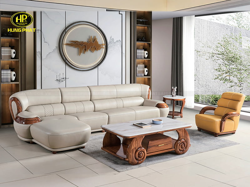 sofa gỗ mun bọc da bò cao cấp góc chữ l nhập khẩu wj265